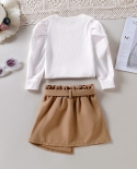 Girls New Solid Color Round-collar T-shirt And Bow Belt Skirt Two-piece Set