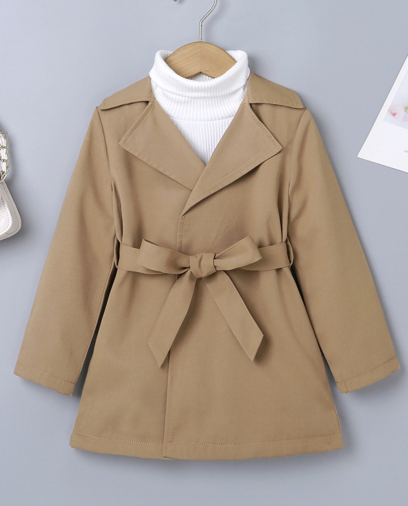 Girls Autumn Solid Color Lapel Long Sleeve Trench Coat with Belt