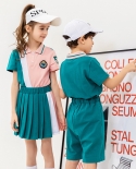 Childrens Short-sleeve Three-color-combine Lapel Two-piece Pink And Green Uniform