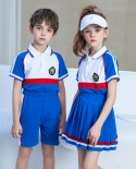 Childrens Preppy Style Lapel Blue and White Strip Twp-piece Sportwear