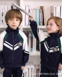 Childrens Long Sleeve Navy Blue Strip Zippered Jacket And Long Pants Two Piece Uniform