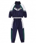 Childrens Long Sleeve Navy Blue Strip Zippered Jacket And Long Pants Two Piece Uniform