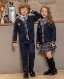 Enfants Preppy Style Cardigan à simple boutonnage Blazer et chemise à revers Uniforme trois pièces