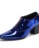Blue Patent Leather Men Dress Shoes High Heels Luxury Genuine Leather 2022 Autumn Brand Thick Heel Party Club Shoes No L