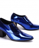 Blue Patent Leather Men Dress Shoes High Heels Luxury Genuine Leather 2022 Autumn Brand Thick Heel Party Club Shoes No L