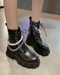 Autumn Winter New Womens Boots Pearls Chain Designer Boots Black Thick Sole Short Boots Non Slip Fashion Platform Biker