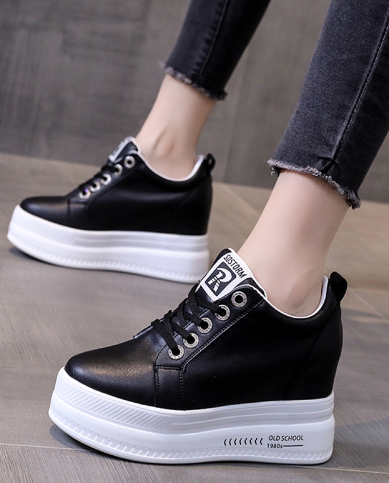 8cm Heels Height Increasing Platform Sneakers Casual Shoes Woman Spring Autumn Comfortable Breathable Women White Shoes