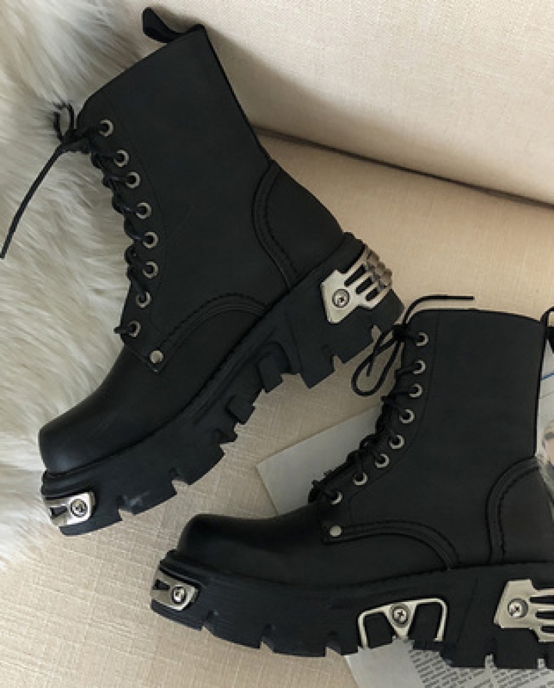 Punk Style Platform Women Ankle Boots Womens Motorcycle Boot Fashion Ladies Chunky Shoes Metal Decor Black Big Size 41 