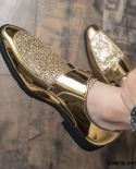 Luxury Designer Gold Sequin Mix Pointed Brogue Leather Shoes Flat For Men Dress Formal Wedding Oxford Sapatos Tenis Masc