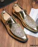 Luxury Designer Gold Sequin Mix Pointed Brogue Leather Shoes Flat For Men Dress Formal Wedding Oxford Sapatos Tenis Masc