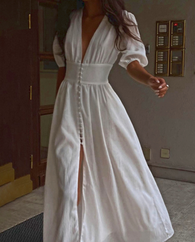 34,22 US$-Vestidos de verano mujer 2022 vestido mujer vestido para mujer  cuello pico blanco manga corta fiesta Casual largo vestido  elegan-Description