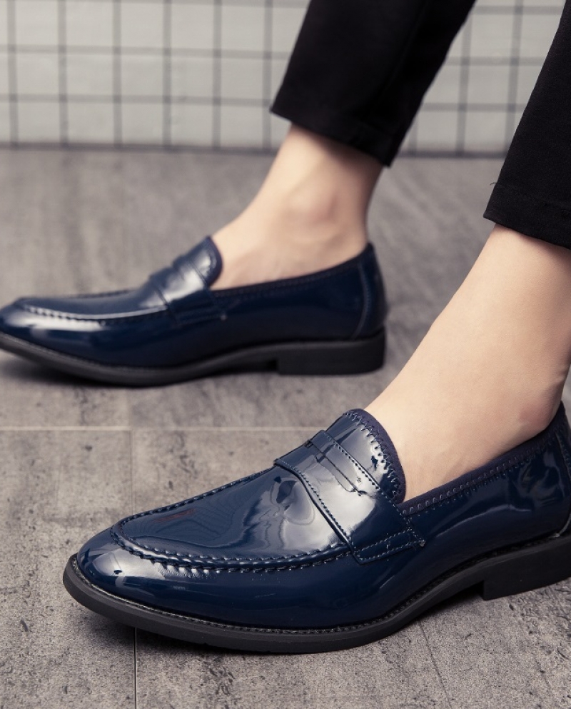 New Luxury Designer Blue Glossy Slip On Shoes Mens Casual Oxford Loafers Business Formal Dress Footwear Zapatos Hombre 