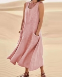 Elegant Solid Sleeveless O Neck Tank Dress Women Casual Cotton Linen Dress Fashion Summer Loose Pocket A Line Long Dress