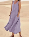 Elegant Solid Sleeveless O Neck Tank Dress Women Casual Cotton Linen Dress Fashion Summer Loose Pocket A Line Long Dress