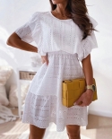 Fashion Lace Pleated A Line Loose Dress Elegant V Neck Embroidery Crochet Dress Summer Casual Solid High Waist Office Mi