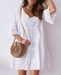 Fashion Lace Pleated A Line Loose Dress Elegant V Neck Embroidery Crochet Dress Summer Casual Solid High Waist Office Mi