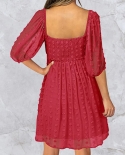 Fashion Casual Jacquard Dot Solid Party Dress Summer Square Collar Layered Mini Dress Lady Elegant Half Sleeve A Line Mi