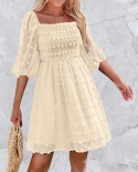 Fashion Casual Jacquard Dot Solid Party Dress Summer Square Collar Layered Mini Dress Lady Elegant Half Sleeve A Line Mi