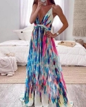Elegant Casual Hollow A Line Party Dress  Deep V Sleeveless Tie Dye Dress Fashion Summer Loose Boho Beach Suspender Dres
