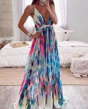 Elegant Casual Hollow A Line Party Dress  Deep V Sleeveless Tie Dye Dress Fashion Summer Loose Boho Beach Suspender Dres