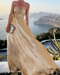  Temperament Bronzing Chest Wrap Dress Summer Fashion Off Shoulder Chic Maxi Dress Elegant Pleated Hollow Out Party Dres