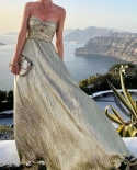  Temperament Bronzing Chest Wrap Dress Summer Fashion Off Shoulder Chic Maxi Dress Elegant Pleated Hollow Out Party Dres