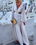 Automne décontracté fente Boho plage robe Mujer femmes élégant couleur unie à manches longues robe évider profond V plissé fête 