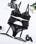 Yimunancy 3 Piece Lace Lingeire Set Women Chain Decorated Fashion   Set Black Garter Brief Kit
