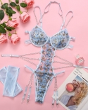 Yimunnancy 3 Piece Floral Lace Lingerie Set Chain Stockings  Sets 6 Colors Transparent Garter Brief Underwear Set