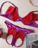 Yimunancy 2 Piece Flirting Tassel Decorated Lingerie Set Women Uncovered  Exposed  Set Vintage Brief Kit