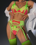 Yimunancy 4 Piece Contrast Color Lingerie Set Women  Exotic Set Lace Patchwork Bow Garter Breif Kit With Stockings