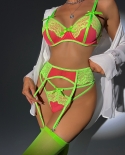 Yimunancy 4 Piece Contrast Color Lingerie Set Women  Exotic Set Lace Patchwork Bow Garter Breif Kit With Stockings