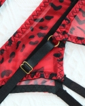 Conjunto de lingerie de malha de leopardo Yimunancy 4 peças conjunto de lingerie feminina tanga conjunto exótico de liga vermelh