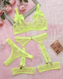 Yimunancy 3 Piece Mesh Transparent Underwear Set Women Bow 6 Colors Neon Colors Lingerie Set  Exotic Set
