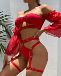 Yimunancy 3 Piece Off Shoulder Lingerie Set Women Solid Wireless Red  Exotic Set Thong Garter Kit