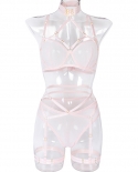Yimunancy Mesh Lingerie Set Women Bandage Bra Set Choker Transparent Solid Pink  Panty Exotic Sets