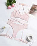 Yimunancy Mesh Lingerie Set Women Bandage Bra Set Choker Transparent Solid Pink  Panty Exotic Sets