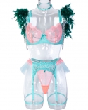 Yimunancy 4piece Lace Lingerie Set Contrast Color Luxury Feather  Exotic Set Women Choker Chain Garter Brief Kit  Bra  