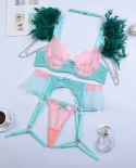 Yimunancy 4piece Lace Lingerie Set Contrast Color Luxury Feather  Exotic Set Women Choker Chain Garter Brief Kit  Bra  