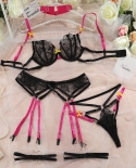 Yimunancy 4piece Lace Lingerie Set Choker Contrast Color Bow Bandage Sensual Exotic Set  Garter Kit  Bra  Brief Sets