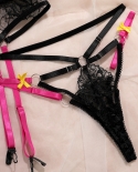 Yimunancy 4piece Lace Lingerie Set Choker Contrast Color Bow Bandage Sensual Exotic Set  Garter Kit  Bra  Brief Sets