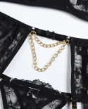 Conjunto de lingerie bordado com corrente de ouro 4 peças Yimunancy conjunto feminino preto transparente exótico kit liga chique