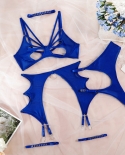 Yimunancy 4 Piece Lace Lingerie Set Women Solid Choker Mesh Transparent Cut Out Exotic Sets 4 Colors Garter Kit
