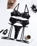 Yimunancy 3 Piece Lace  Bra Set 2022 Gothic Metal Chain Perspective Underwear   Thong Set Womens Garter Set  Bra  Bri