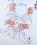 Yimunancy 4 Piece Contrast Color Lace Lingerie Set Women Luxury Exotic Set Feather Off Shoulder Chain Garter Kit