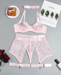 Yimunancy 4piece Mesh Bra Set Women Transparent Ring  Underwear Set Underwire Ladies Lingerie Set With Garter Belt  Bra 