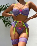 Yimunancy 3piece Neon Color Chain Hallow Out Exotic Sets Women 3 Colors  Lingerie Set Panty Garter Fancy Kit  Bra  Brie