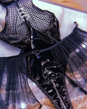 Bodysuit feminino de couro pu Yimunancy de uma peça de malha malha patchwork preto body macacão feminino