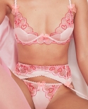 Conjunto de sutiã de renda bordado coração feminino sutiã de laço rosa calcinha conjunto de calcinha rosa conjunto de lingerie f