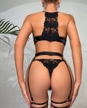 Yimunancy 3piece Floral Lace Lingerie Set Women Halter  Exotic Sets Black Skinny Garter Kit  Bra  Brief Sets